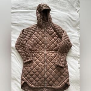 Athleta Quilted Tan Hooded Puffer Jacket Size Large Hi Lo